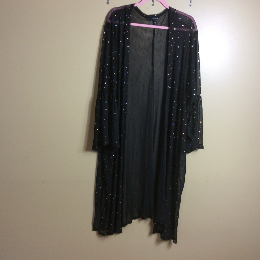 Torrid 5/6 Black Mesh & Iridescent Star Bell Sleeve Longline Kimono - Picture 5 of 10
